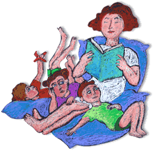 Una mujer leyéndoles un libro a tres niños.