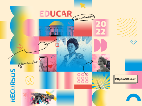 Collage digital en colores claros. Se leen palabras sueltas como 2022, recursos, educar, efemérides.